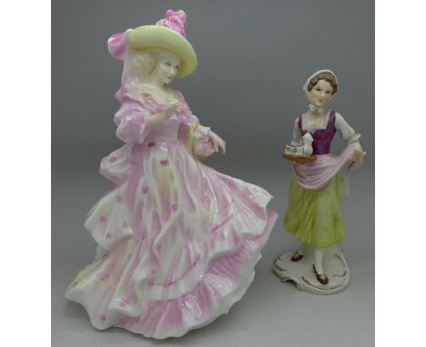 A Royal Doulton figure, Flowers of Love, HN3701, Camellias and a Goebel Bochmann figure, finger a/f