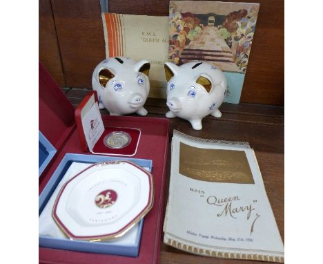 R.M.S. Queen Mary ephemera, two Wade piggy banks, one a/f and an Imperial Tobacco commemorative Wedgwood tray and medal