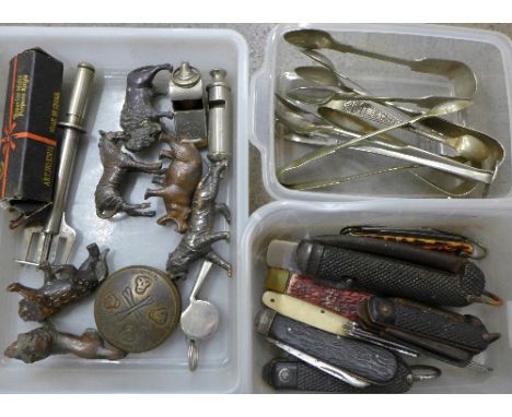 Penknives including Swiss Army, plated sugar tongs, whistles, pickle fork, brass pot, etc.