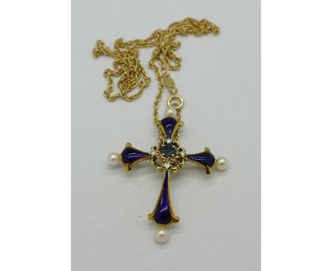 A yellow metal and blue enamel cross pendant on a 14ct gold chain, 5.6g