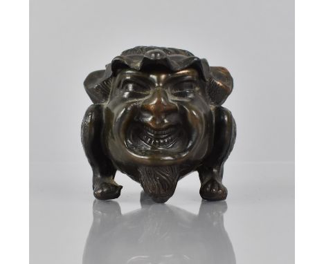 A Late 19th/Early 20th Century French Bronze Novelty Inkwell in the Form of Devil Mask Supported on Short Horse Legs, Complet