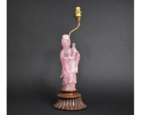 A Chinese Rose Quartz Study of Guanyin, Now on Later Wooden Stand with Brass Light Fitting, Guanyin 22.4cms High 