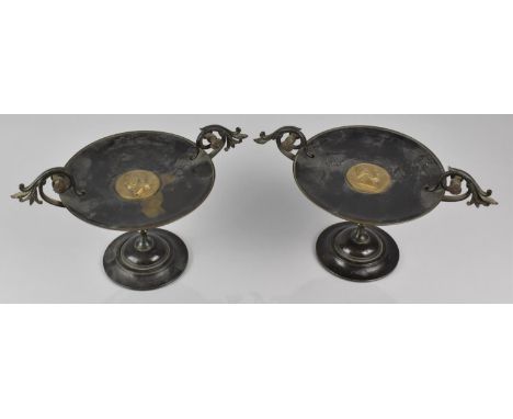 A Pair of Late 19th Century Grand Tour Tazzas with Scrolled Twin Handles and Central Gilt Bronze  Bust of Classical Scholars,