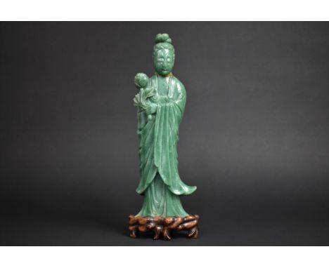 A Chinese Carved Hardstone (Possibly Green Aventurine) Study of Guanyin, Seal Mark to Base, Sat on Carved Hardwood Stand, var