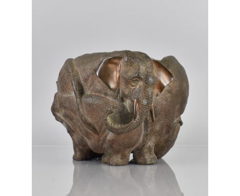 A Bronze Japanese Meiji Period Jardiniere of Circular Form Modelled with Group of Entwined Elephants in Relief, 17cm High 