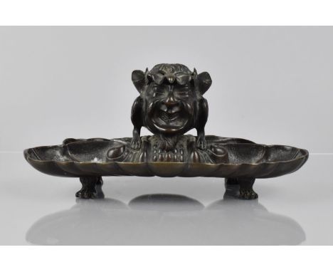 A Late 19th Century/Early 20th Century Bronze Inkstand with Unusual Devil Mask Inkwell having Holes to Ears to Support Pens, 