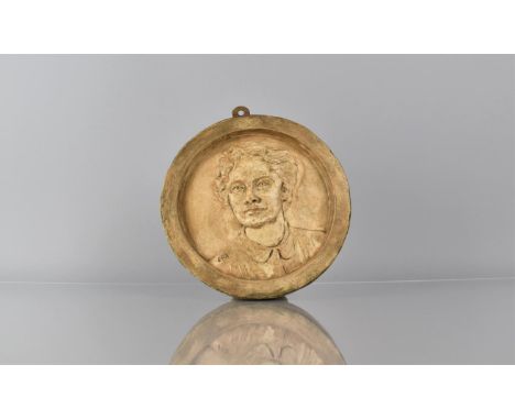 An Early 20th Century Sculpted Plaster Portrait Plaque of a Smiling Woman, Signed RPR, 19cms Diameter 