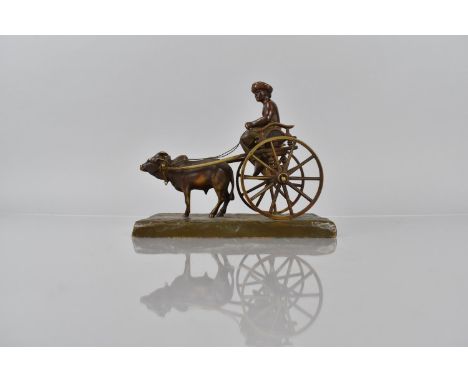 Eugene Barillot (1841-1900) An Austrian Cold Painted Bronze, Indian Cart, Ox and Rider, Signed, on Rectangular Plinth Base, 1