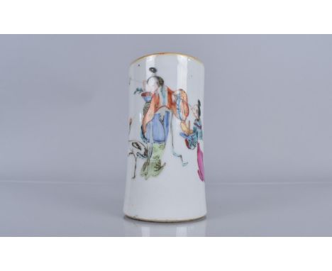 A 19th Century Chinese Porcelain Spill Vase of Waisted Cylindrical Form decorated with Maiden and Attendant in Exterior Setti