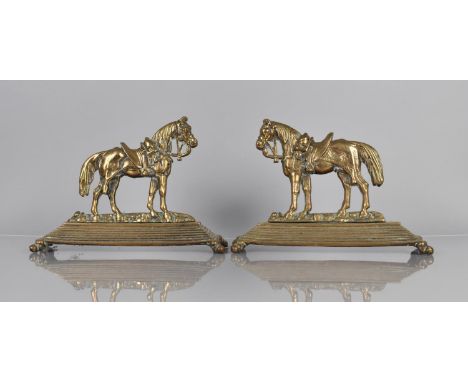 A Pair of Late 19th Century Bronze Doorstops in the Form of Warhorses on Stepped Rectangular Plinths, 28cms High 