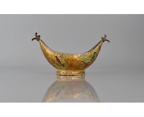 A Bronze Kashmiri Kashkul or Beggar's Bowl of Usual Boat Form decorated in Lacquered Polychrome Enamels on Cream Ground with 