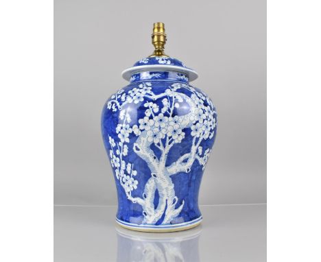 A Large 20th Century Chinese Prunus Pattern Temple Vase and Cover of Baluster Form, Now Converted to Lamp, Vase 33cms High 