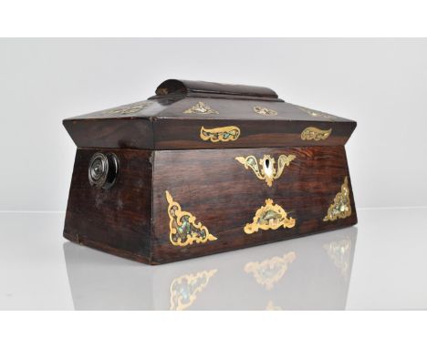 A Brass and Mother of Pearl Inlaid Sarcophagus Shaped Rosewood Tea Caddy, Inner Fittings Removed, 32cms Wide 