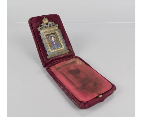 A 19th Century Russian Pressed Metal and Enamelled Icon Depicting Portrait of Virgin and Jesus in Ornate Jewelled Frame, Surm