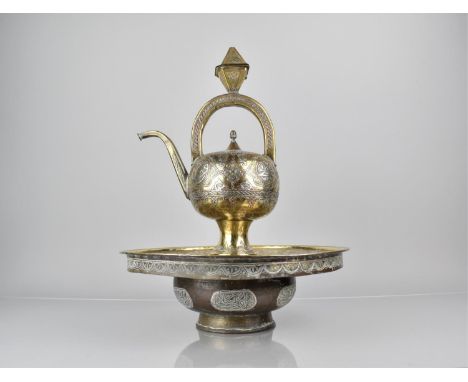 A Fine 19th Century Islamic Damascus Mamluk Revival Brass Ewer and Draining Basin with Inlaid Silver and Copper Design with P