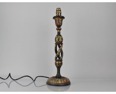 A Kashmiri Table Lamp Base on Black Ground decorated in Polychrome Enamels, 47cms High, Condition Issues 