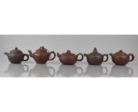 A Collection of Five Various Chinese Yixing Teapots all with Seal marks to Base, Tallest 10cms High 