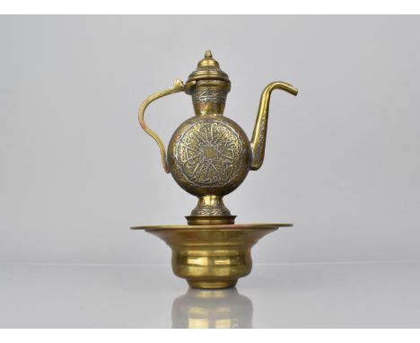 A Small 19th/20th Century Islamic Damascus Mamluk Revival Brass Ewer and Basin with Inlaid Silver and Copper Design, Ewer 15c