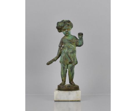 A Verdigris Bronze Standing Child in Robe Holding Ear of Wheat, On Square Marble Plinth, 14cms High 