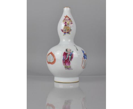 A Chinese Famille Rose "Wu Shuang Pu" Double Gourd Vase decorated with Figures and Verse, Daoguang Seal Mark to Base, Transfe