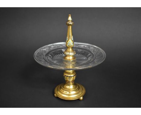 A French Gilt Bronze and Cut Glass Table Garniture Stand with Polychrome Enamel Decoration to Support, The Circular Glass wit