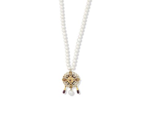 A gem-set pendant necklace, Neo-RenaissanceThe openwork plaque of scrollwork design, decorated with white and black enamel, p