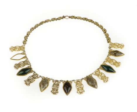 A filigree and hardstone panel set necklaceThe fringed front with alternating millegrain rubover-set lozenge-shaped polished 