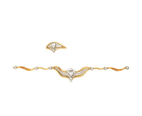 A diamond demi-parureComprising: a bracelet of wave design, set with a pear-shaped diamond to the centre, the rest of the des