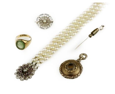 A collection of jewelleryComprising: a cultured pearl necklace; a diamond stick pin, set with a pear-shaped diamond, measurin