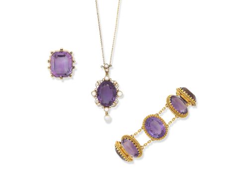 A collection of amethyst jewelleryComprising: a bracelet of ropework design set with oval-cut amethysts between connecting ch