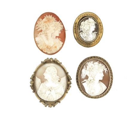 Four oval shell cameo broochesComprising: an example carved to depict an angel, with clasped hands, to a plain polished frame