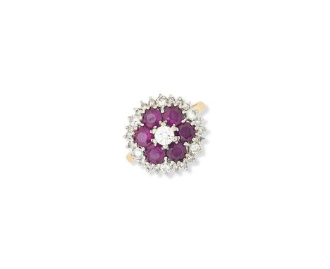 A ruby and diamond cluster ringClaw-set with circular-cut rubies and round brilliant-cut diamonds, to plain hoop, size O, sta