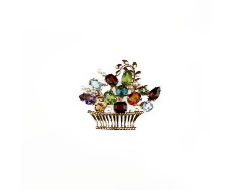 A gem-set giardinetto brooch, mid-20th centuryDesigned as a wire-work basket, claw-set with pear, oval and circular-cut assor