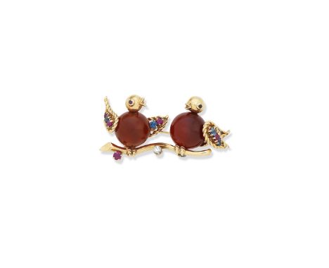 A gem-set bird brooch, Circa 1960Designed as two lovebirds perched upon a branch, the carnelian bead bodies with circular-cut