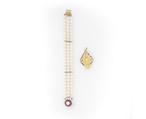 A cultured pearl and ruby bracelet and a ruby and diamond Madonna pendantThe bracelet composed of three rows of cultured pear