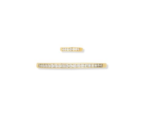 A diamond demi-parureComprising: a bangle channel-set with a line of twenty round brilliant-cut diamonds, stamped '750', inne