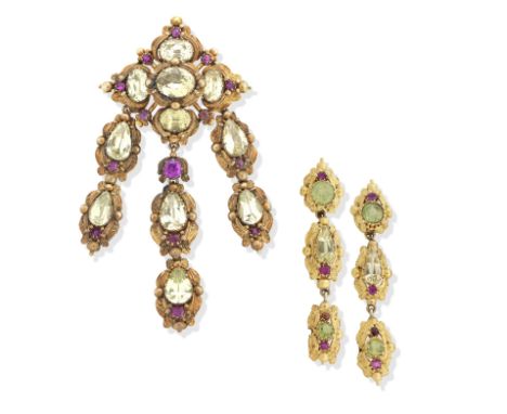 A chrysoberyl and ruby demi-parure, circa 1840Comprising: a girandole design brooch/pendant, set with pear and oval-cut chrys