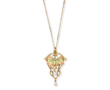 An enamel and seed-pearl pendant and chainOf Art Nouveau style enamelled with two green and copper coloured leaves above thre