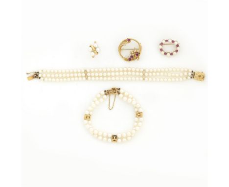 A collection of jewellery, including items by MikimotoComprising: a three-row bracelet, composed of fairly uniform cultured p