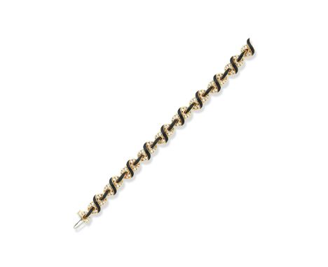 An enamel and diamond braceletEach link applied with black enamel and embellished with round brilliant-cut diamonds, length a