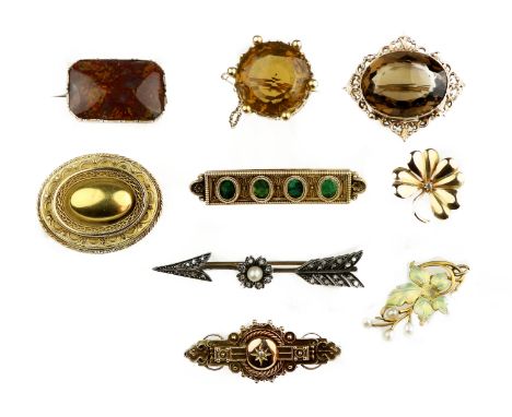 A collection of items, mostly brooches and gentleman's jewelleryComprising: a shaped-rectangular yellow metal brooch, inset w