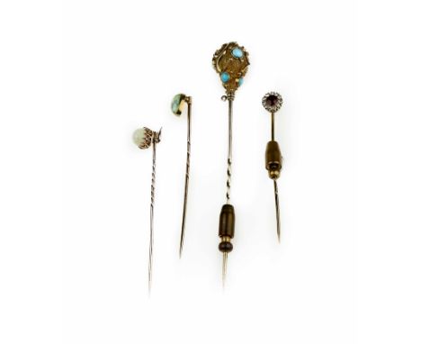 Four assorted gem set stick pins,Comprising: a Victorian stick pin with baluster terminal, set with circular-cut turquoise ca