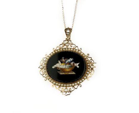 A hardstone micromosaic brooch/pendant, with chain, 19th centuryThe central oval plaque depicting the Doves of Pliny, within 