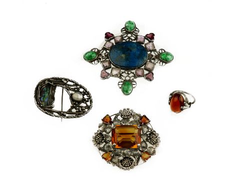 A collection of jewelleryComprising: a foliate brooch set with citrines, possibly Bernard Instone; width approximately 52mm; 