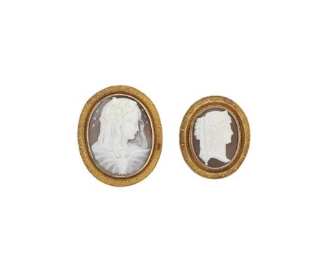 Two oval shell cameo brooches, late 19th centuryComprising: an example depicting veiled Nyx (Night), with closed eyes, poppie