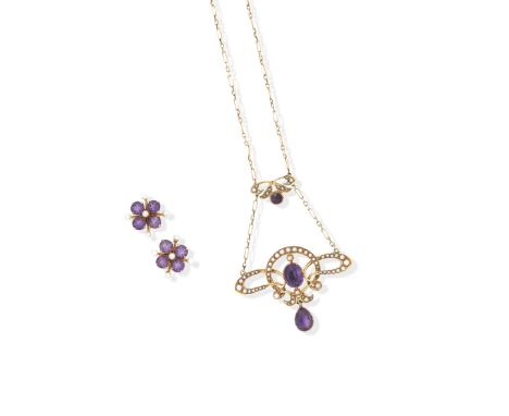 A pair of amethyst ear studs and an amethyst and seed-pearl necklaceThe ear studs with four circular-cut amethysts interspers