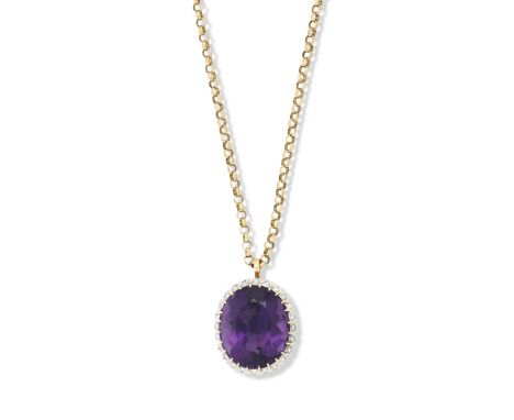 An amethyst and diamond pendant and chainThe pendant with central claw-set oval-cut amethyst, measuring approximately 26.2 x 