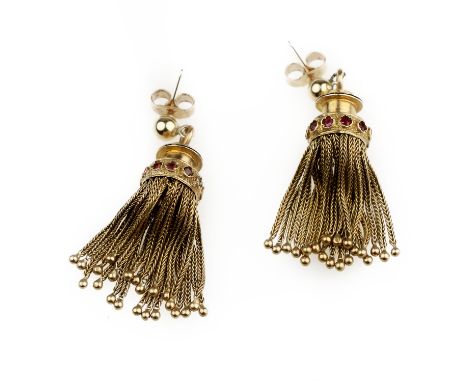 A pair of ruby tassel earrings, 19th century, compositeEach designed as a fringed tassel, the surmount accented with circular