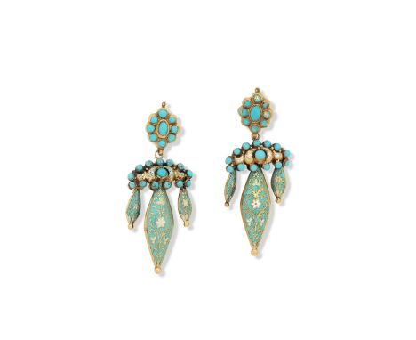 A pair of enamel pendent earrings, circa 1840Each cluster of turquoise enamel 'cabochons' suspending a link of similar design