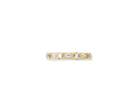 A Diamond Full-Eternity ring, ModernAlternately claw-set with round brilliant-cut and box-set with baguette cut diamonds, siz